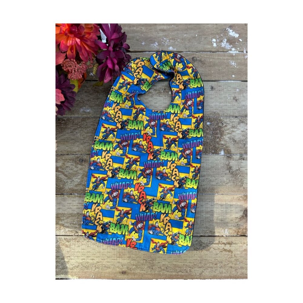 Hand Made Superman Superhero Bib Fleece Lined Hook & Loop Closure